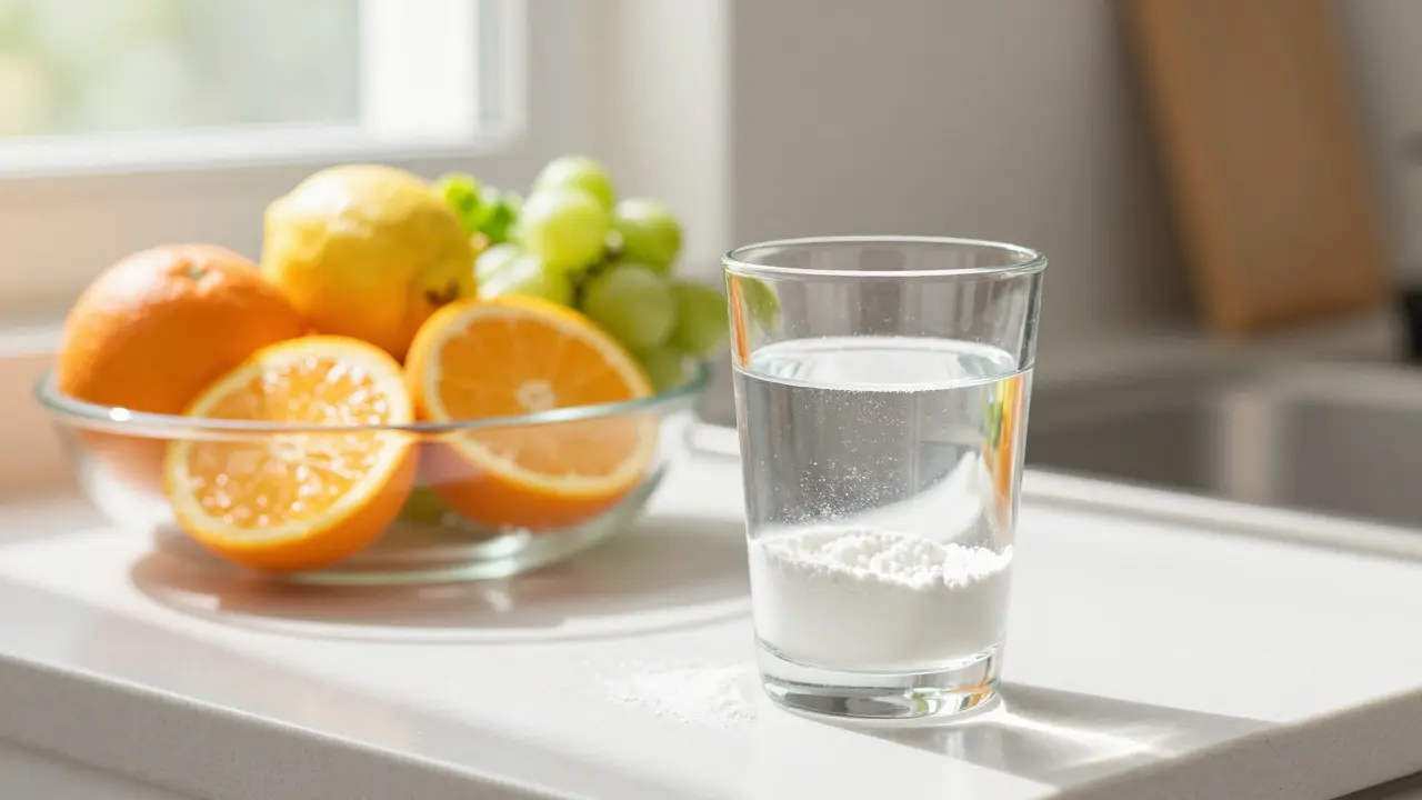 Sklenice s kolagenem a citrusy na světlém stole