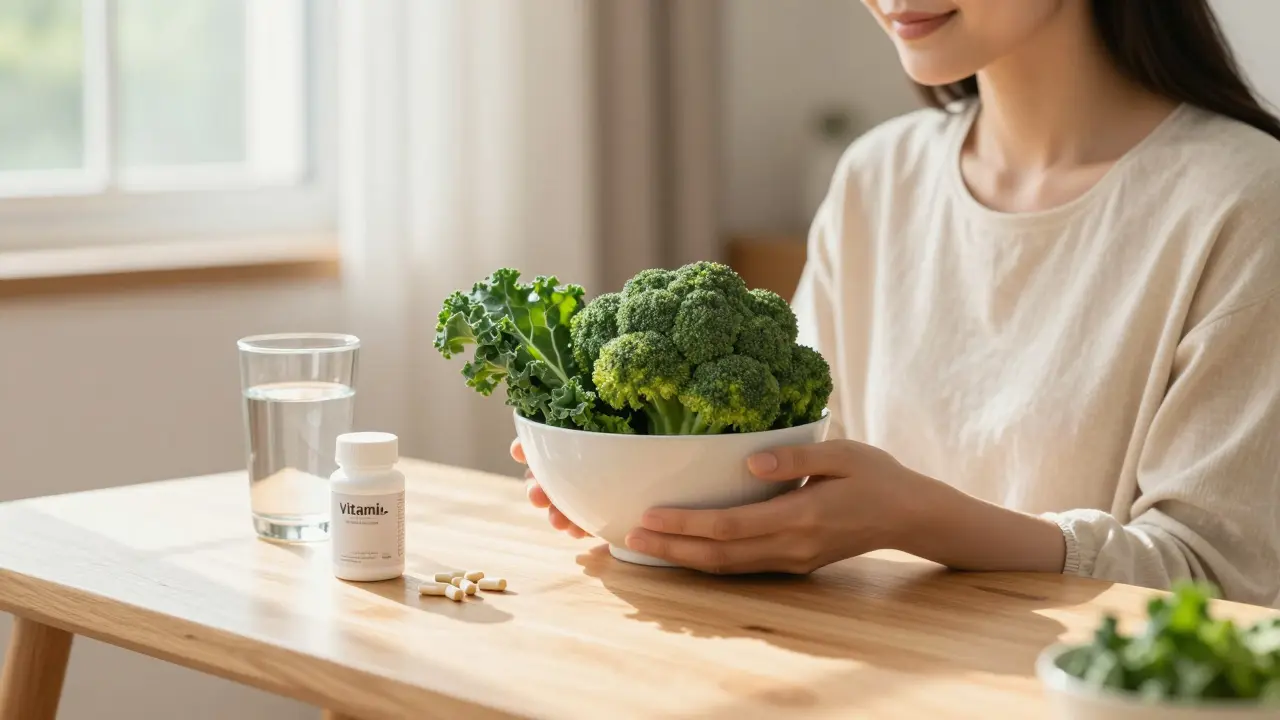 Žena s brokolicí a doplňky stravy pro podporu detoxikace