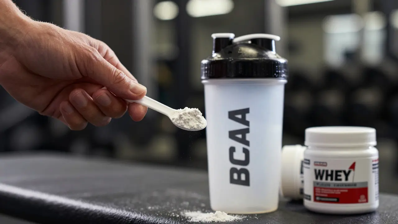 Bližší pohled na lžíci prášku BCAA a alternativní doplňky ve fitness studiu