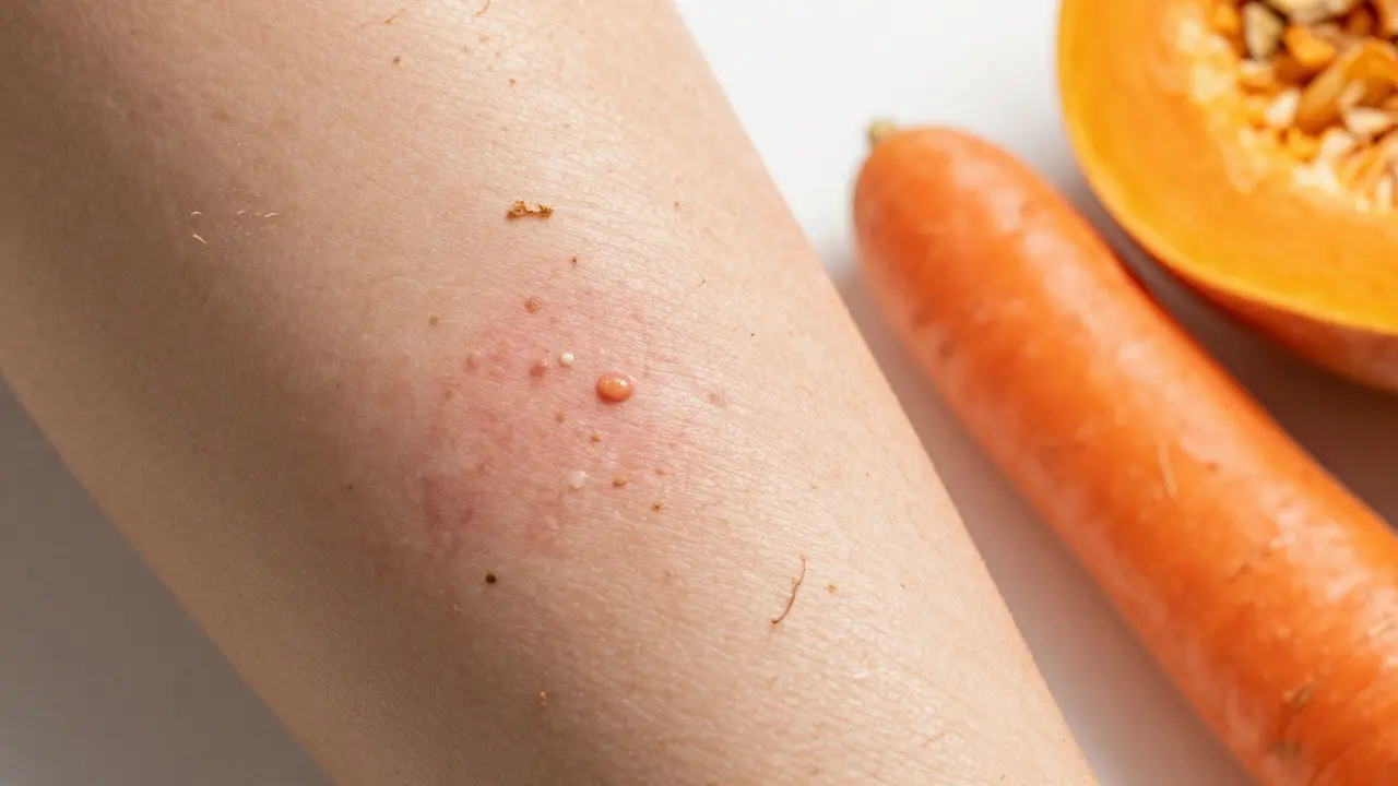 Detail suché kůže s lupiny vedle mrkve a dýně jako zdrojů vitamínu A
