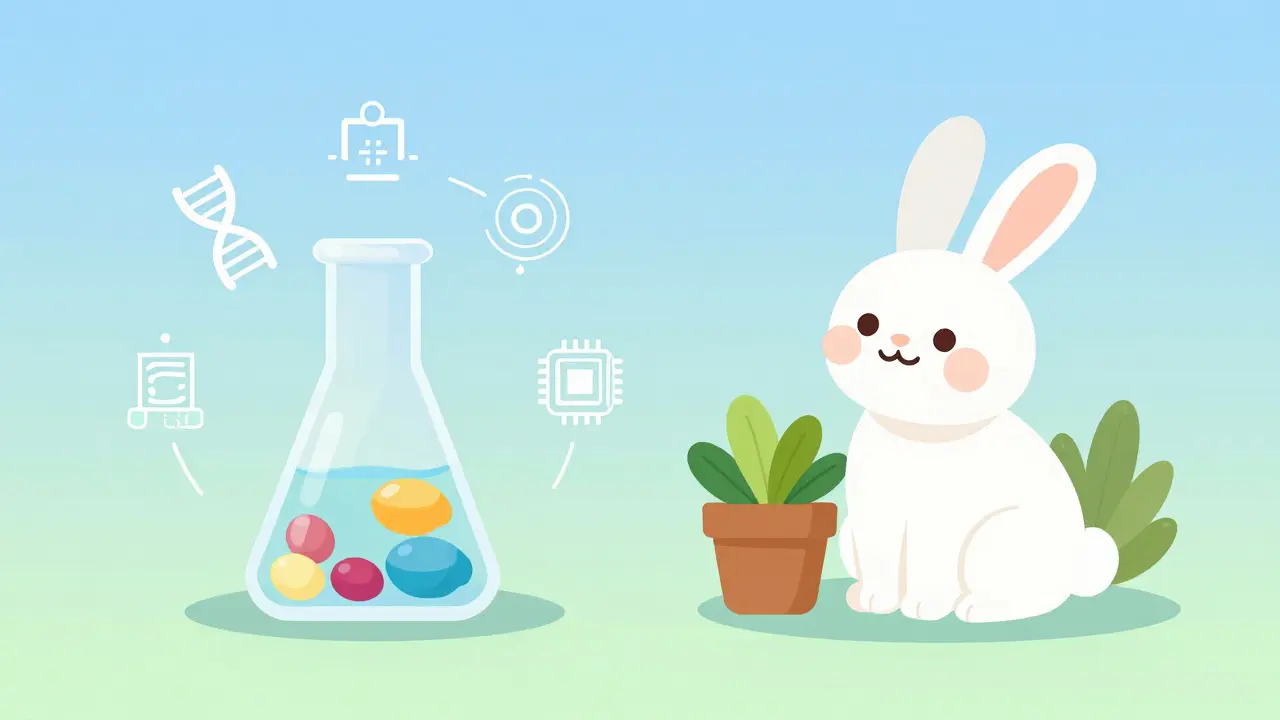 Ilustrace laboratoře a králíka symbolizující etickou kosmetiku