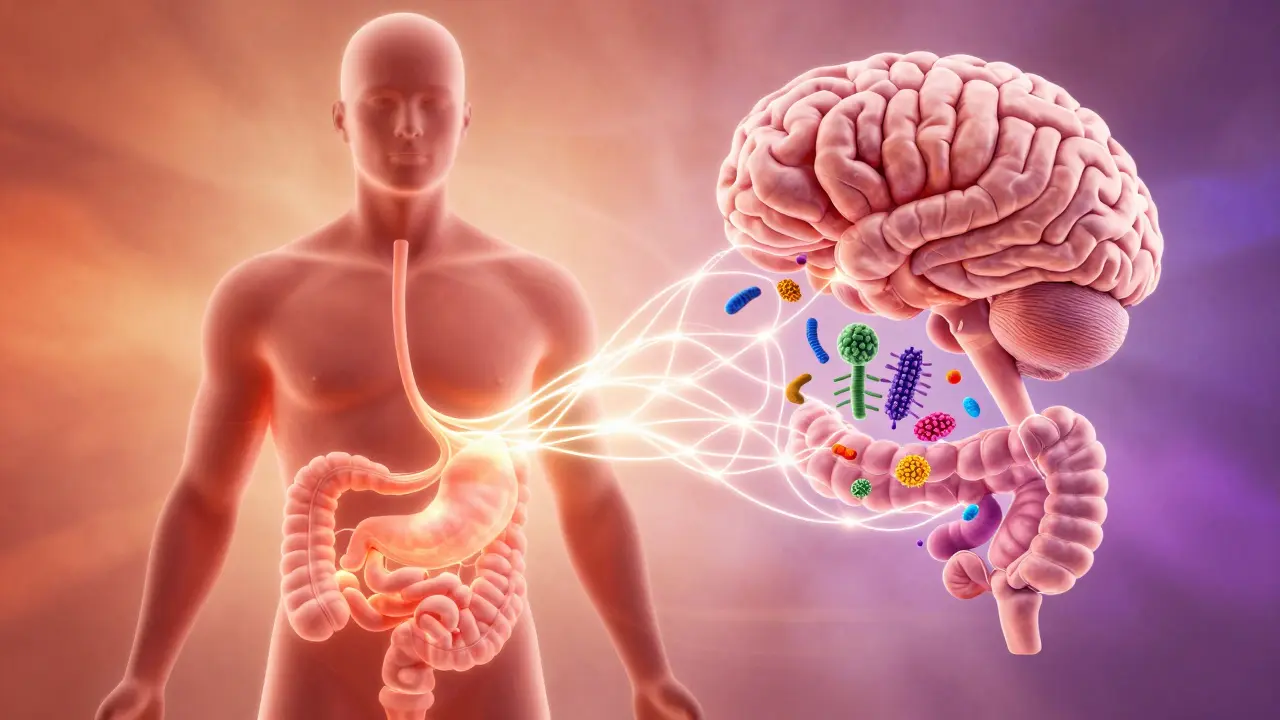 Koncept spojení střevního mikrobiomu a mozku pro psychickou pohodu