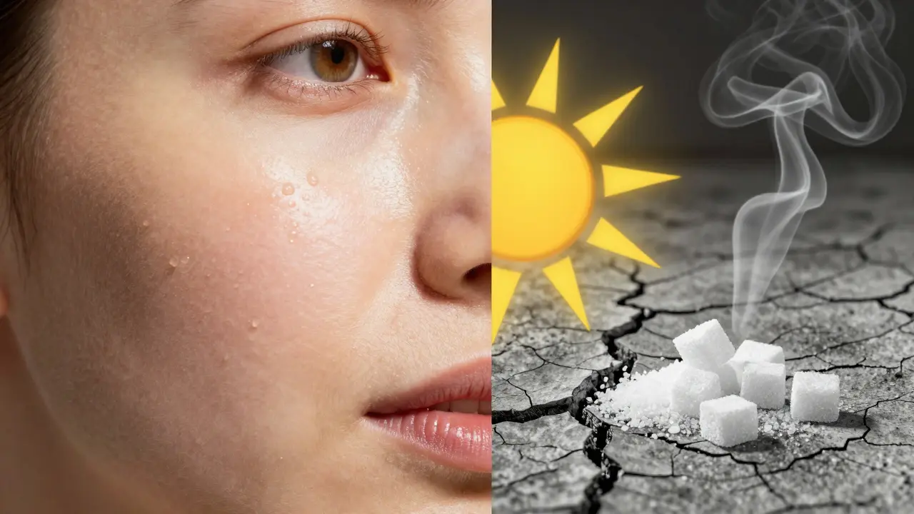 Konceptuální obrázek ukazující vliv slunce, cukru a kouření na zdraví pokožky