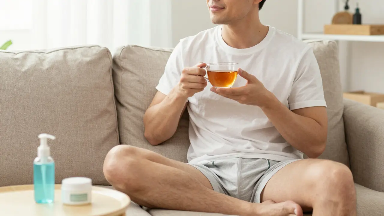 Muž relaxující doma s péčí o pleť po holení