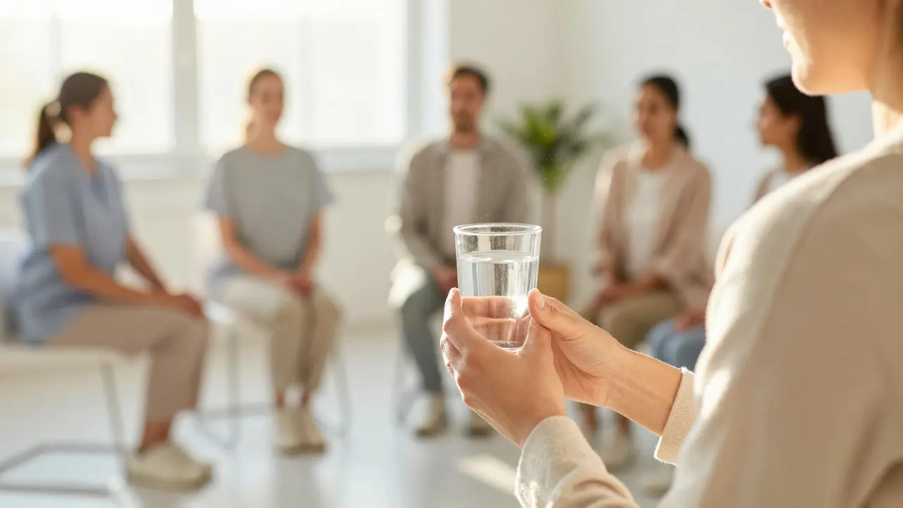 Nadějná scéna rehabilitace s teplým světlem a podporou okolí