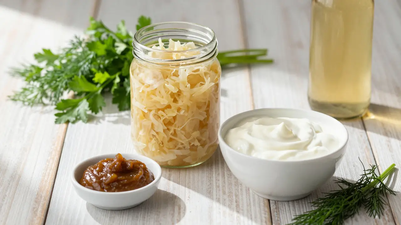 Přírodní zdroje probiotik: zelí, jogurt, miso a kombucha na stole
