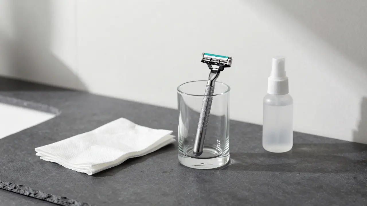 Správné skladování žiletky ve suchu na kamenném povrchu pro hygienu.