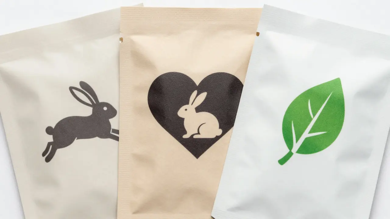 Záběr na certifikáty Leaping Bunny, PETA a Vegan na balení