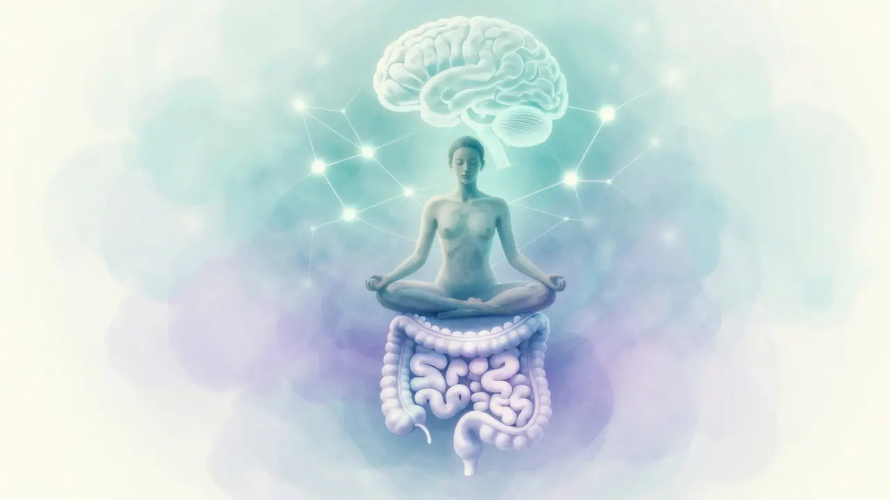 Abstraktní zobrazení spojení mozku a střeva při meditaci
