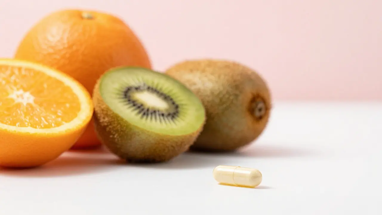 Čerstvé ovoce vedle kapsle multivitaminu na bílém podkladu