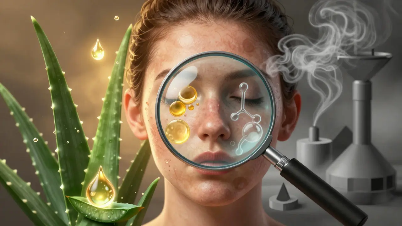 Konceptuální ilustrace srovnávající zdravou pleť s rostlinami a podrážděnou pleť s chemií