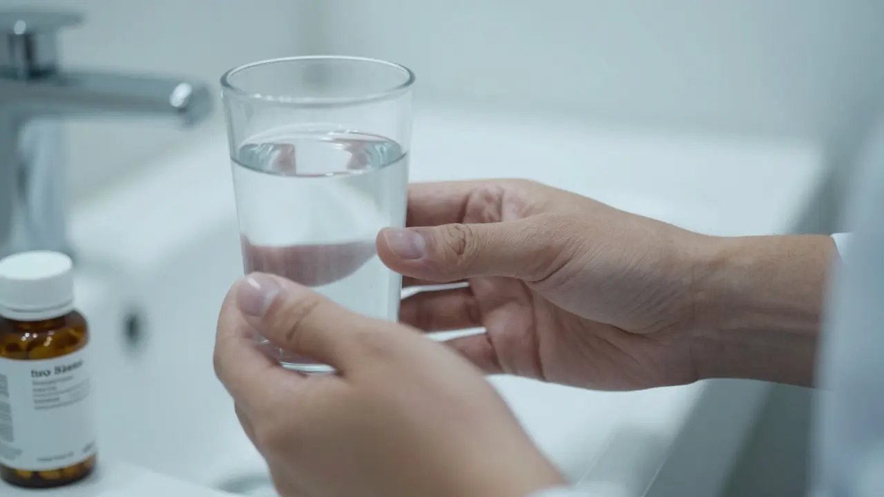 Láhev s léky a sklenice vody v klinickém prostředí symbolizující antibiotika