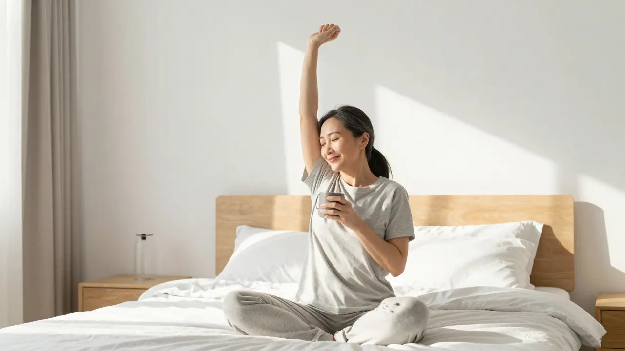 Žena se probouzí a natáhá se, vyzařující pohodu a flexibilitu kloubů