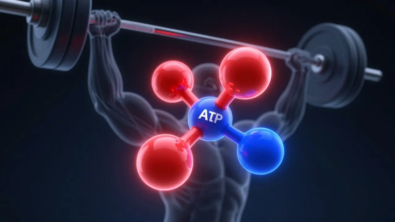 3D concept art showing creatin molecule recharging ATP for muscle energy
