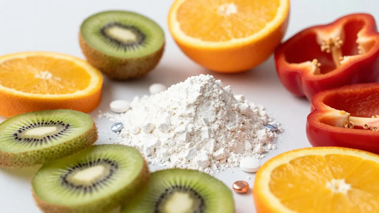 Čerstvé ovoce bohaté na vitamin C vedle práškového kolagenu