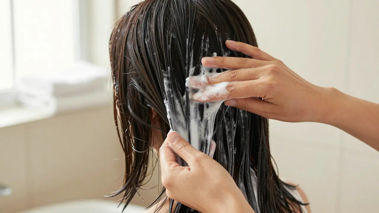 Hands applying a cream hair treatment to damp hair in a bathroom