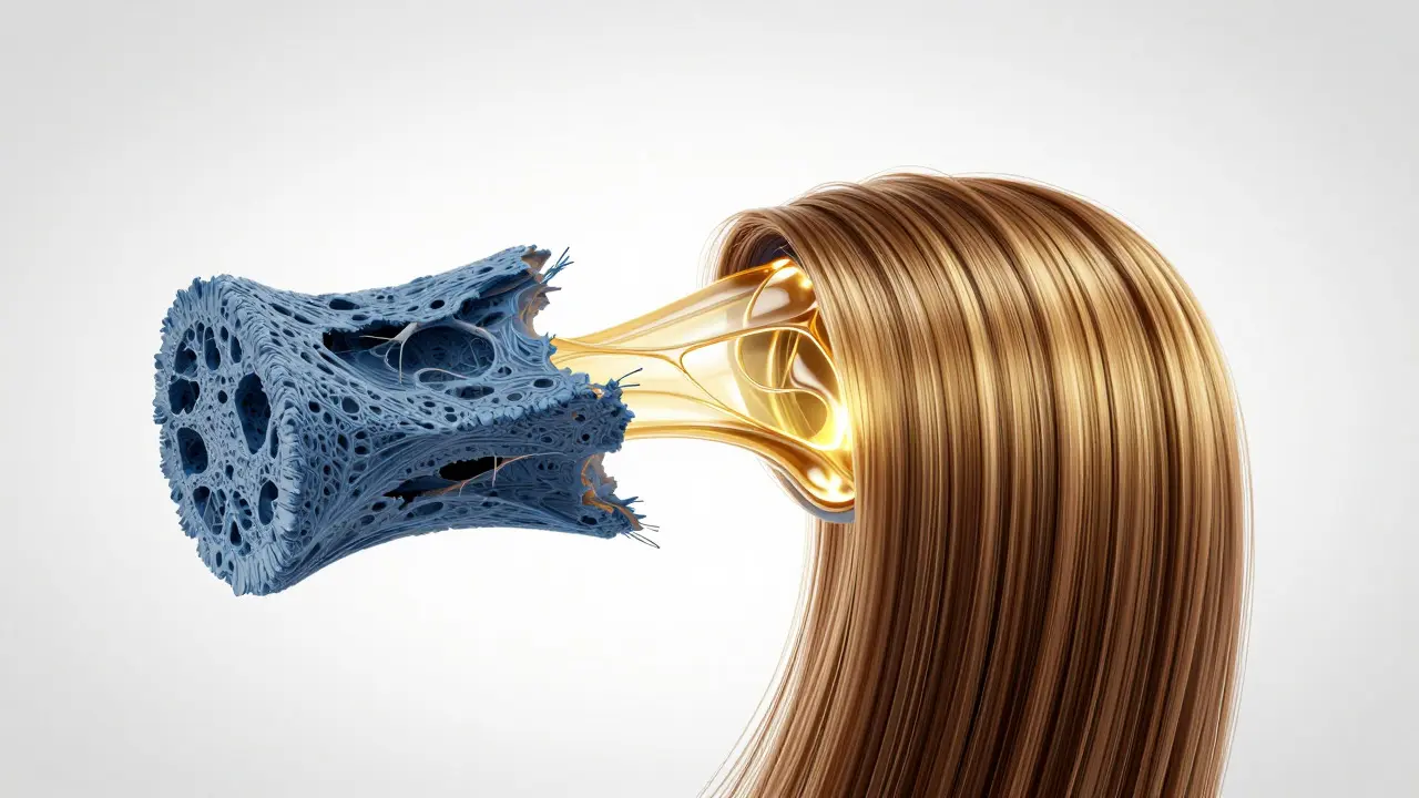 Illustration comparing a damaged porous hair strand with a repaired, filled one