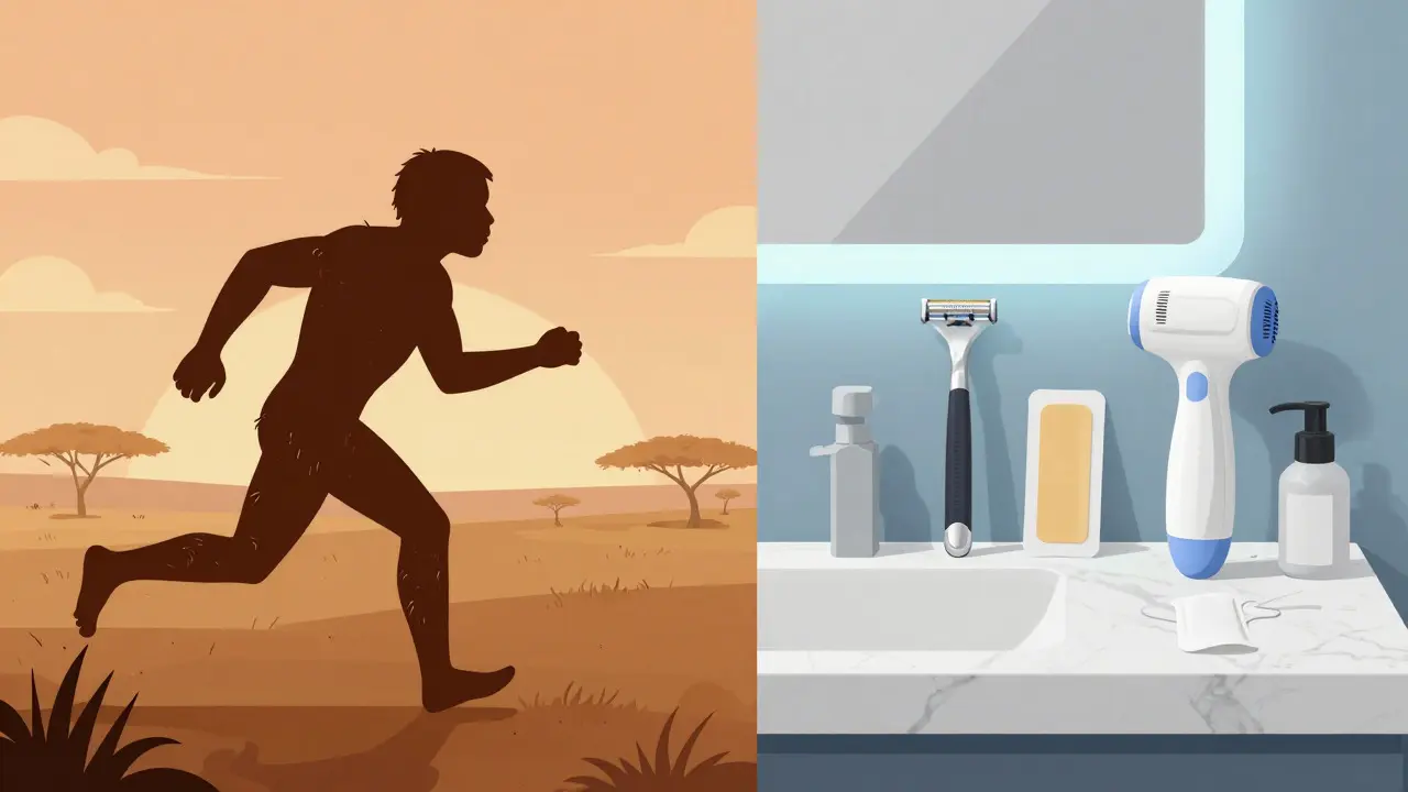 Ilustrace srovnávající evoluční účel chloupků a moderní metody depilace