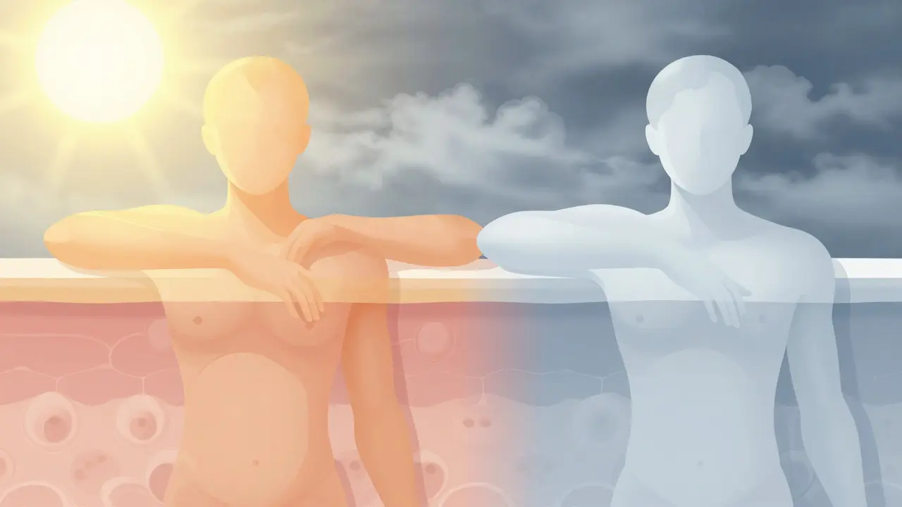 Ilustrace tvorby vitamínu D na slunci versus zima