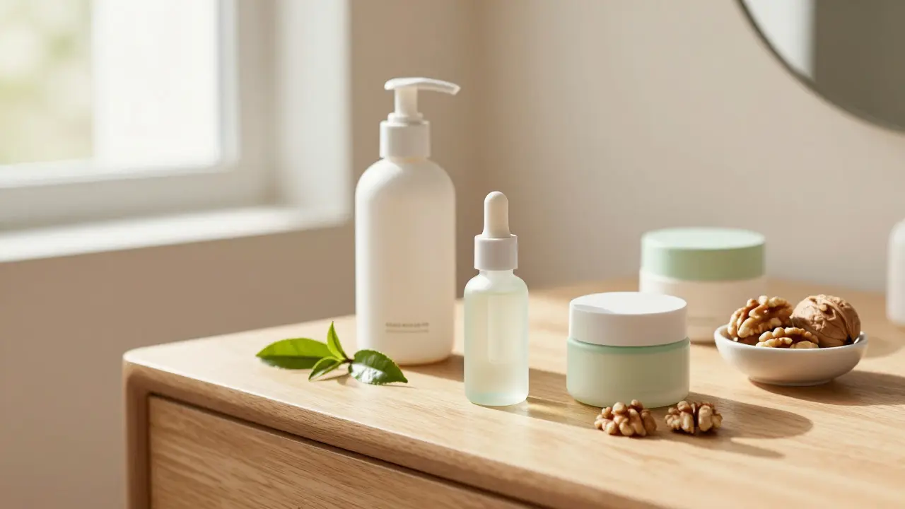 Minimalistická sestava dermokosmetických produktů pro zklidnění pleti