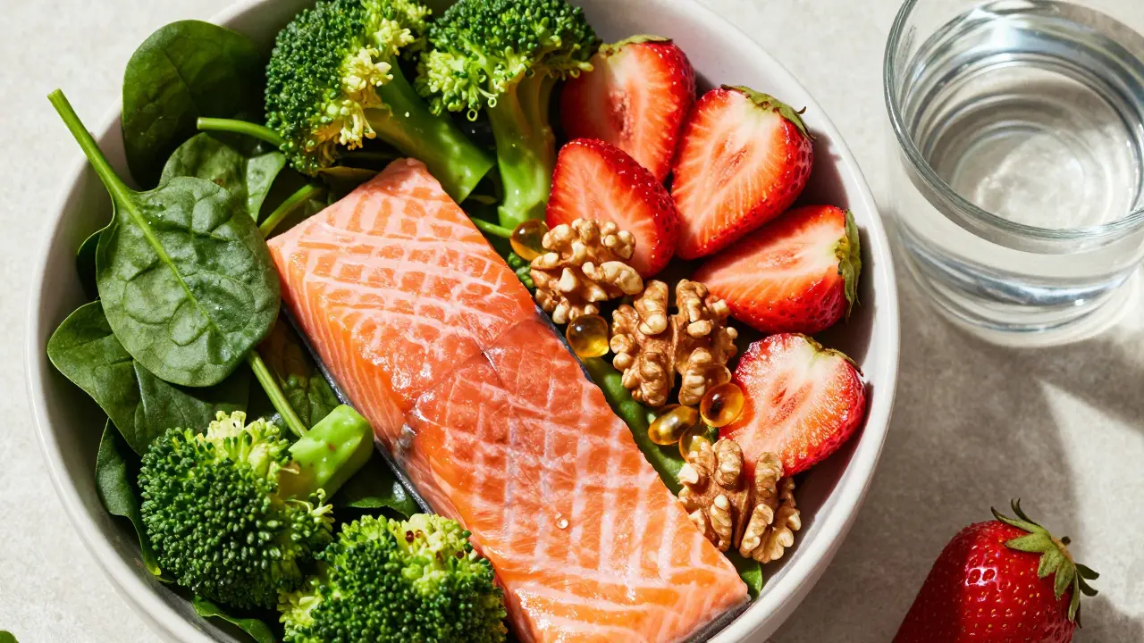 Miska zdravého jídla bohatého na omega-3 a antioxidanty
