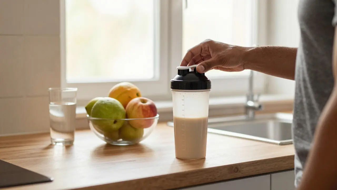 Person preparing a protein shake in a bright kitchen before a morning workout