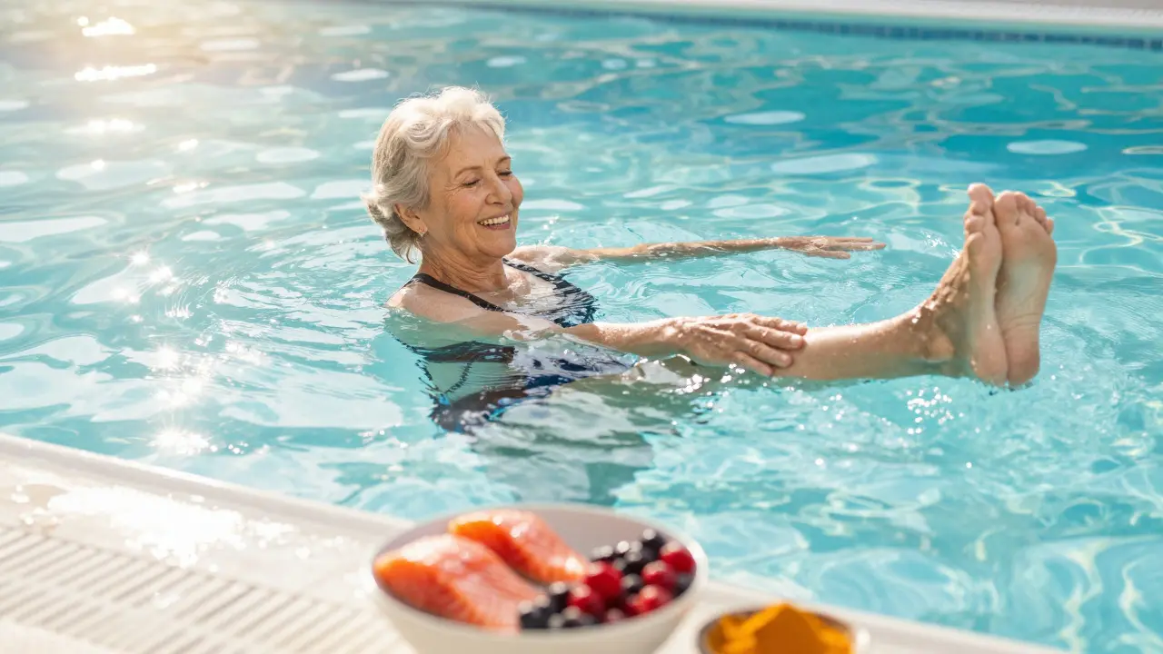 Senior doing aquafitness with healthy food