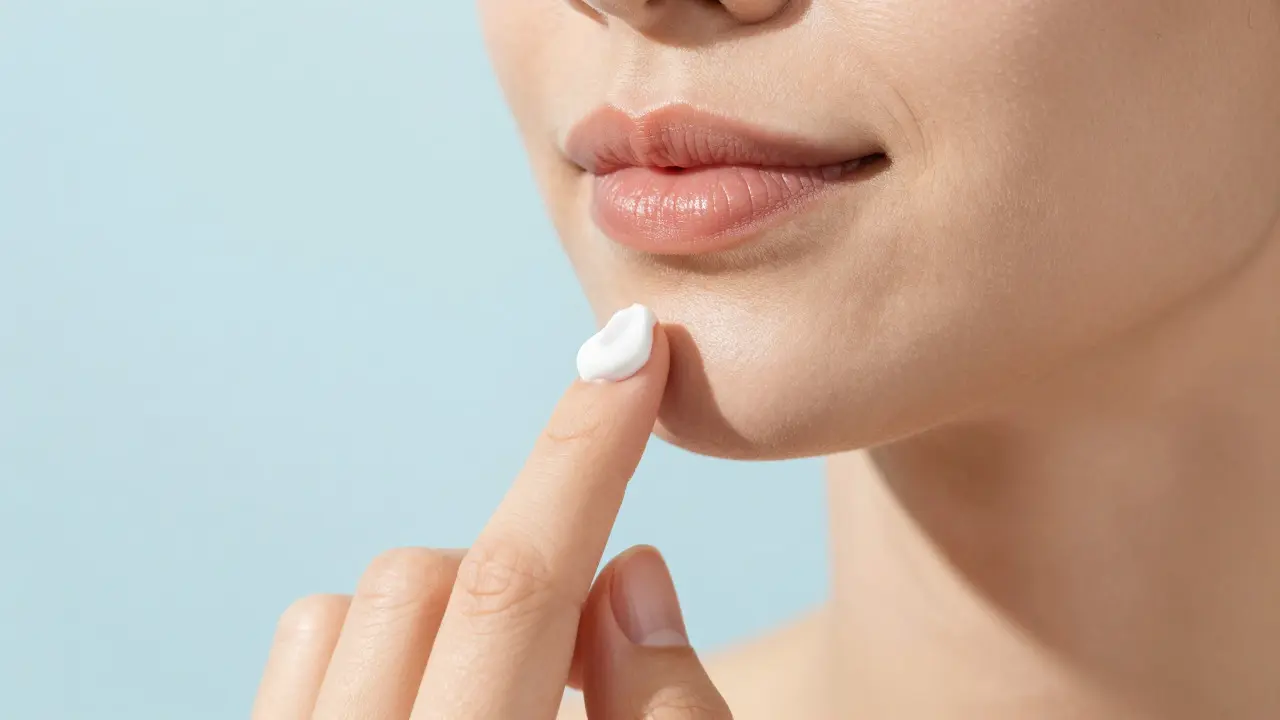 Zblízka ruka drží malé množství krému SPF na prstech
