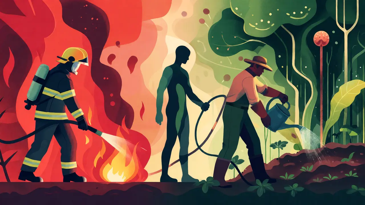 Ilustrace porovnávající hasení požáru s péčí o zahradu jako metafora akutní a chronické terapie.