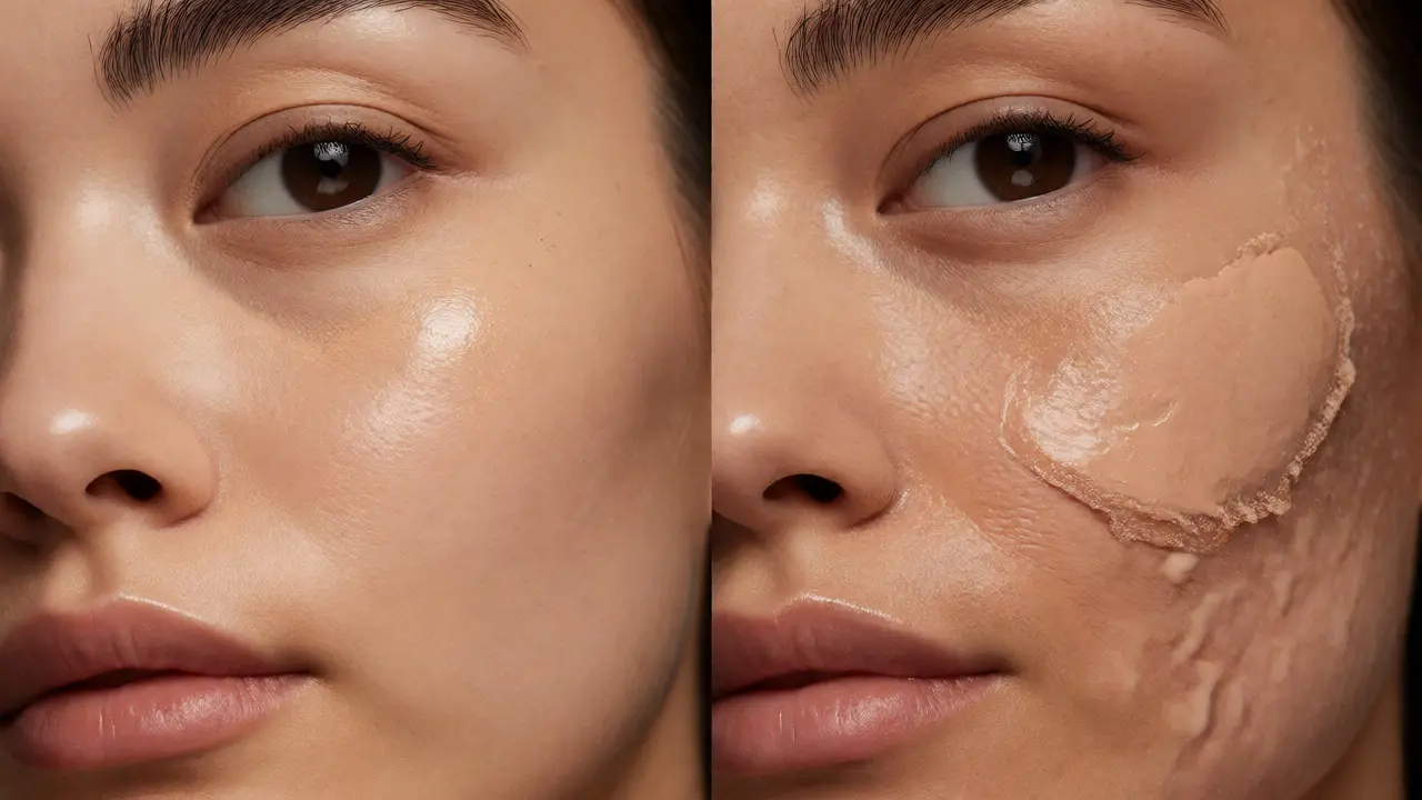 Porovnání hladkého makeupu s hydratovaným primerem a odlupujícího se podkladu