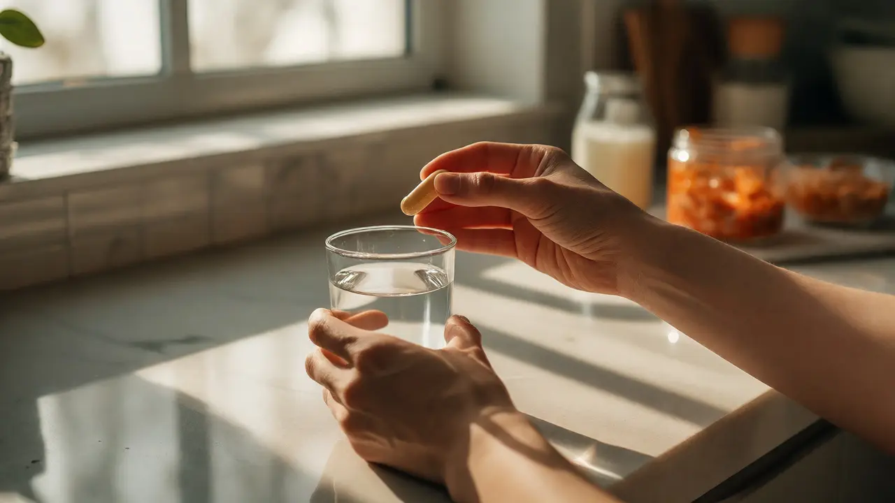 Ranní rutina s kapslí probiotika a sklenicí vlažné vody v kuchyni