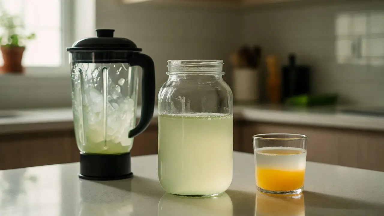 Sklenice domácí šťávy z aloe vera vedle mixéru v kuchyni