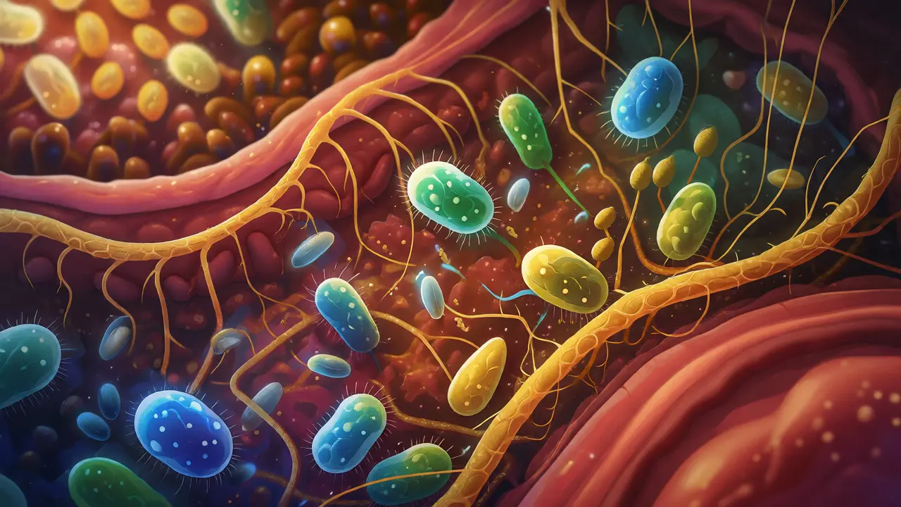 Stylizovaná makro fotografie střevního mikrobiomu s bakteriemi a vlákninou.