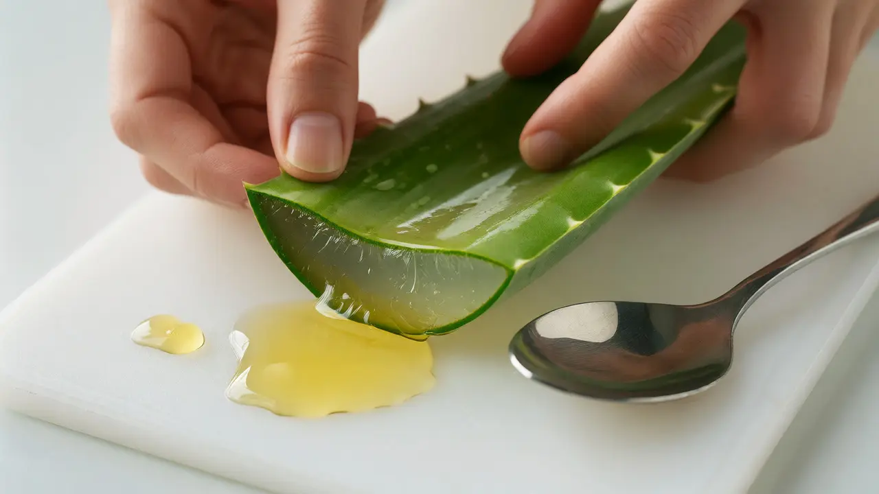 Vydlabávání čirého gelu z aloe vera s odkapáváním žlutého aloinu
