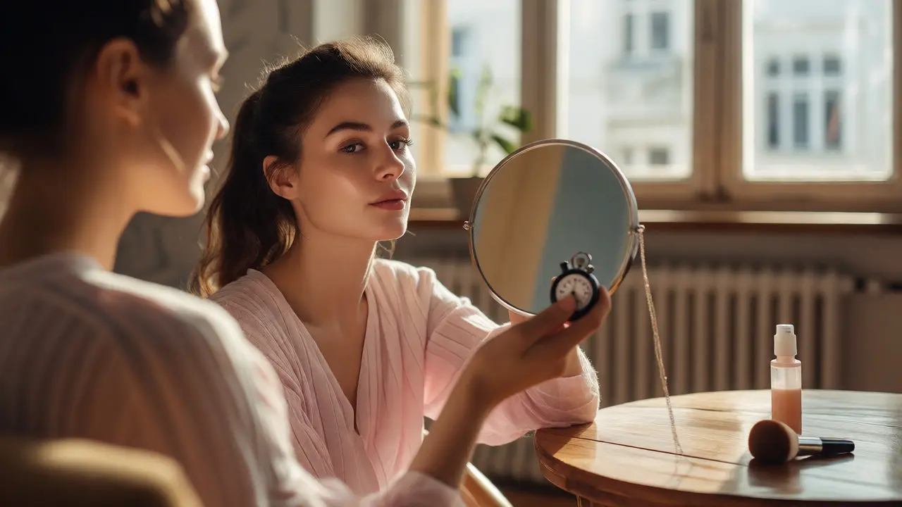 Žena čeká s hodinkami v ruce před nanesením makeupu doma