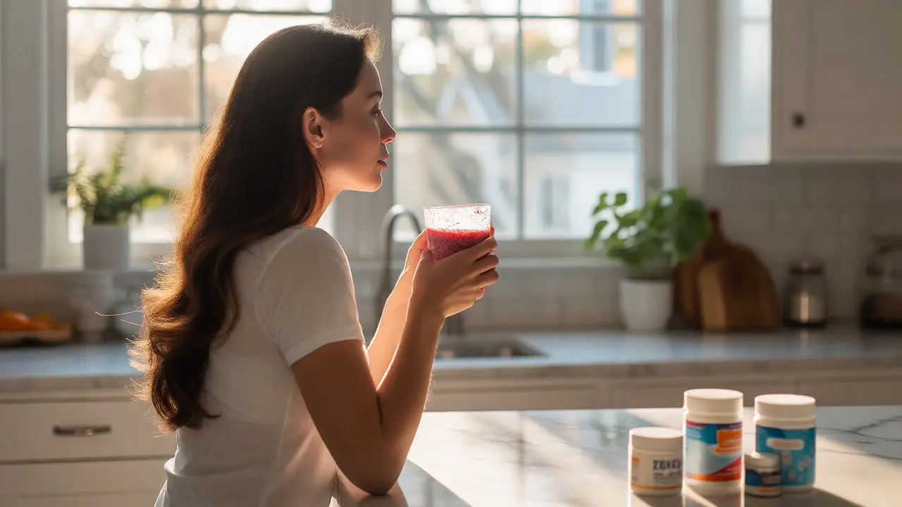 Žena pije ranní smoothie s kolagenem pro podporu růstu vlasů