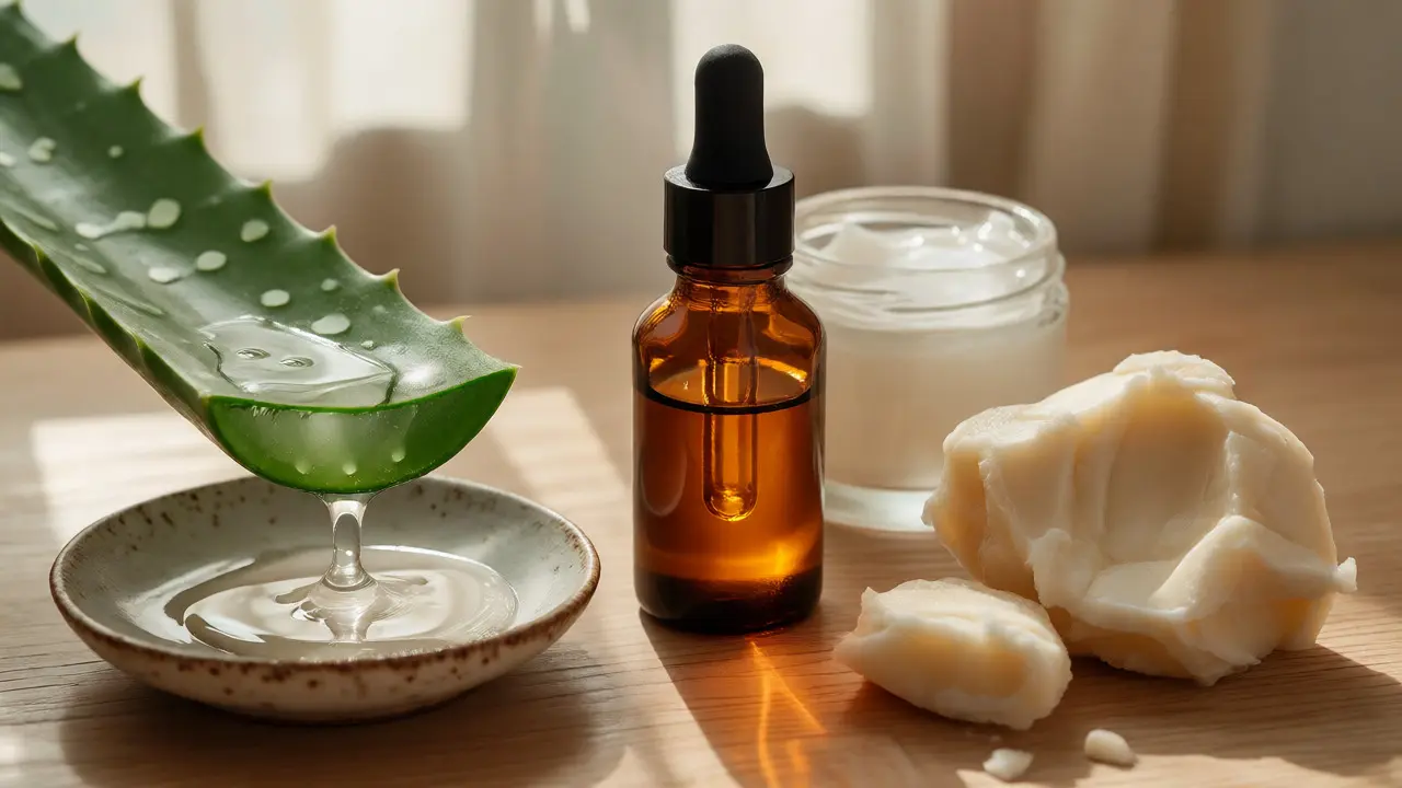 Aloe vera, sérum a bambucké máslo uspořádané jako přírodní alternativy ke kosmetice.