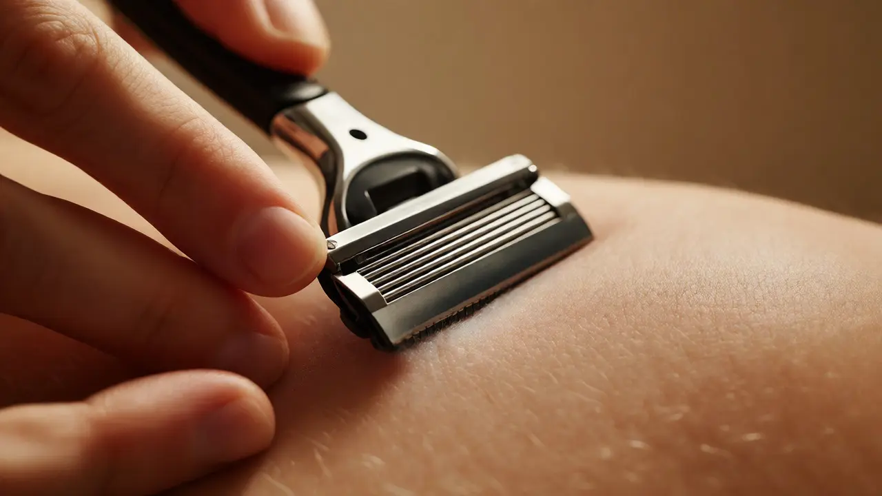 Detailní záběr na techniku holení s napnutou kůží