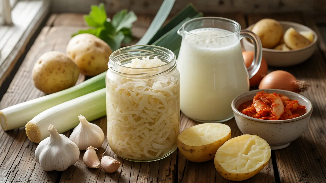 Fermentované potraviny a prebiotika jako kysané zelí a česnek na stole