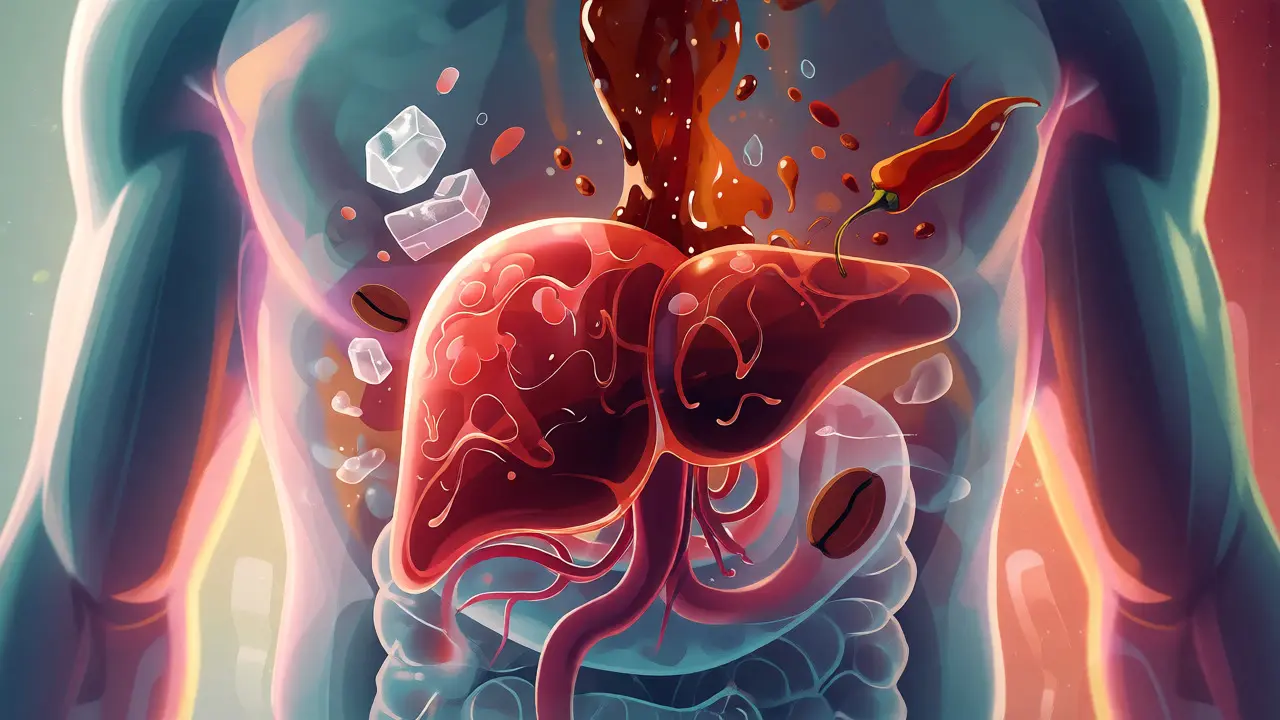 Ilustrace namáhaných jater zpracovávajících toxiny a stimulanty