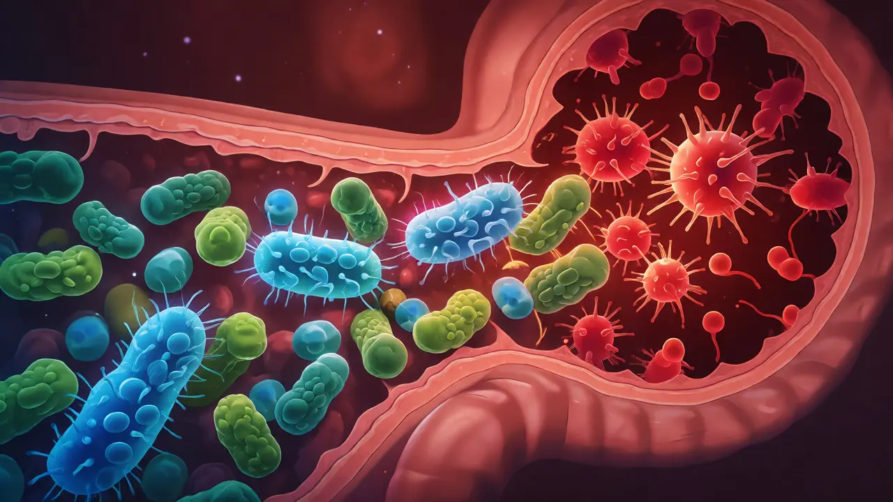 Ilustrace zdravého střevního mikrobiomu s probiotickými bakteriemi