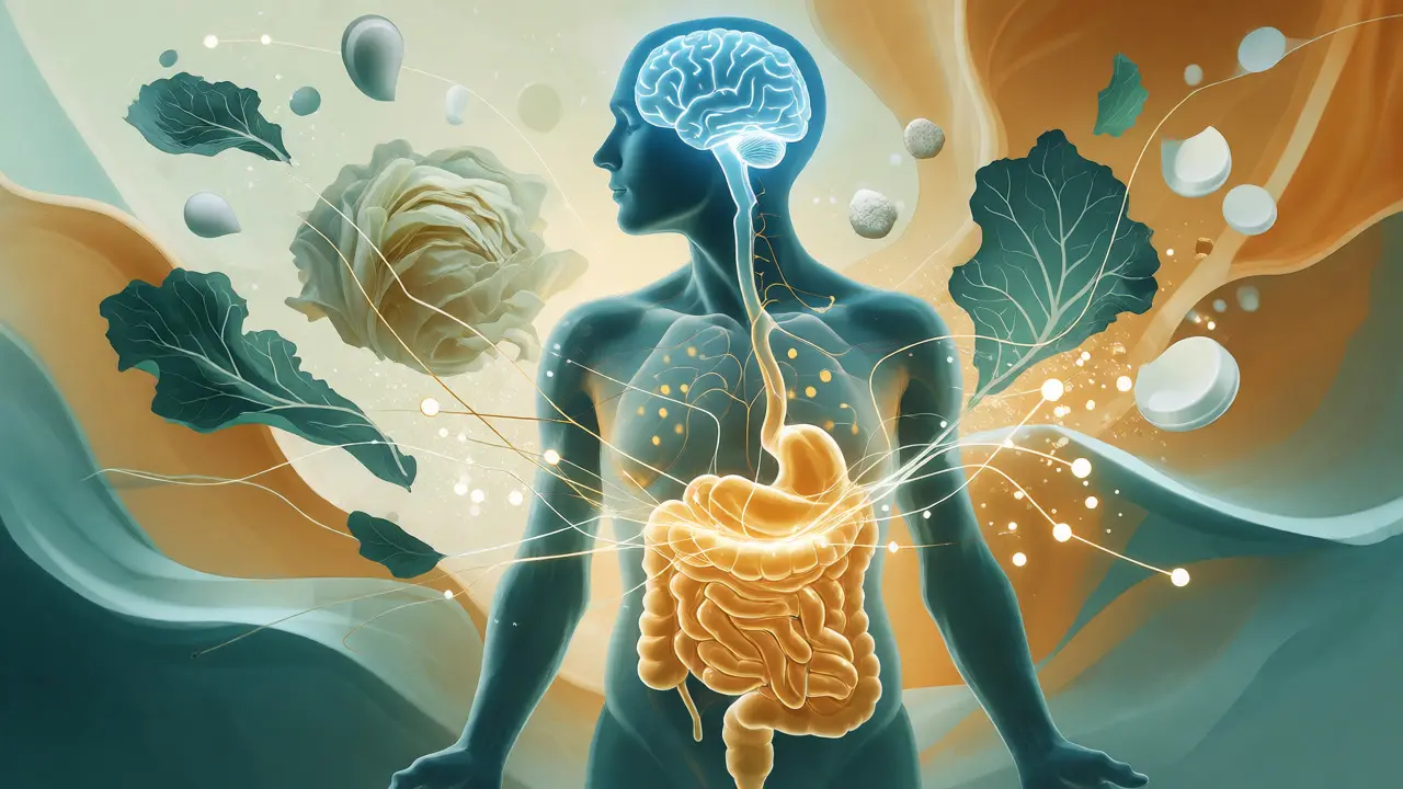 Konceptuální ilustrace osy střevo-mozek propojující trávení a mysl světelnými vlákny.