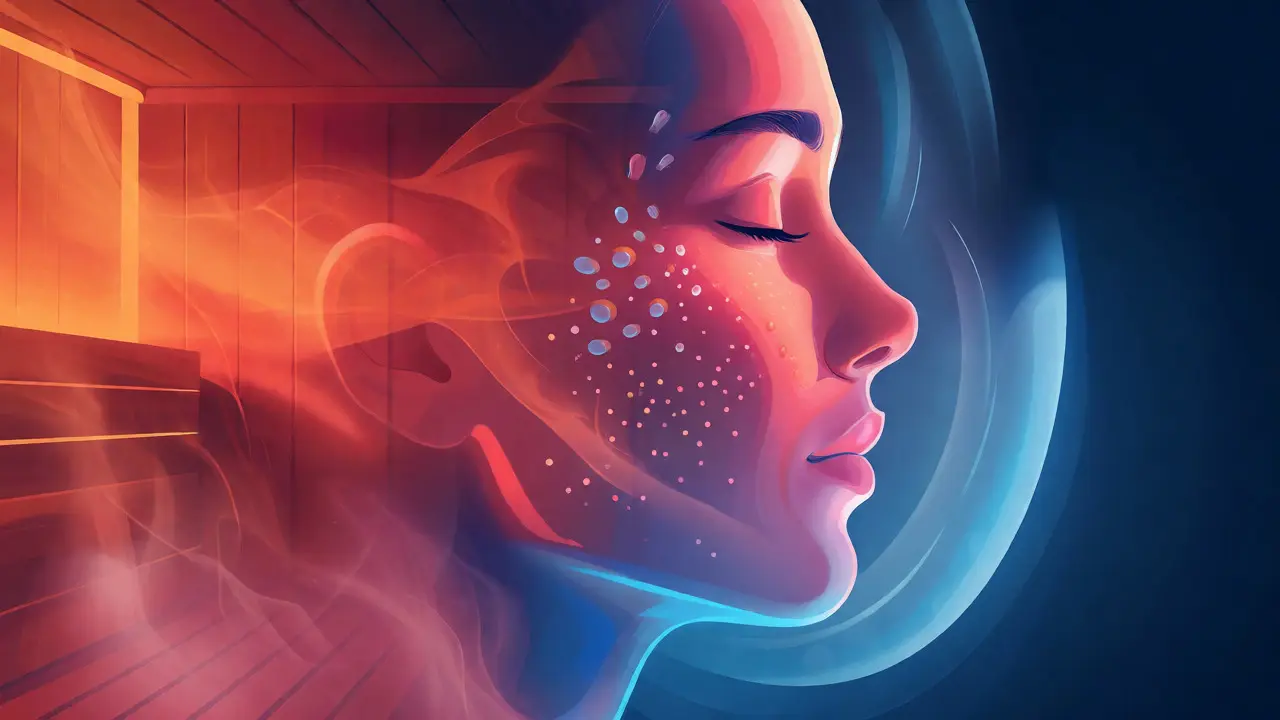 Konceptuální ilustrace tepla z sauny ohrožujícího regenerující se pleť.