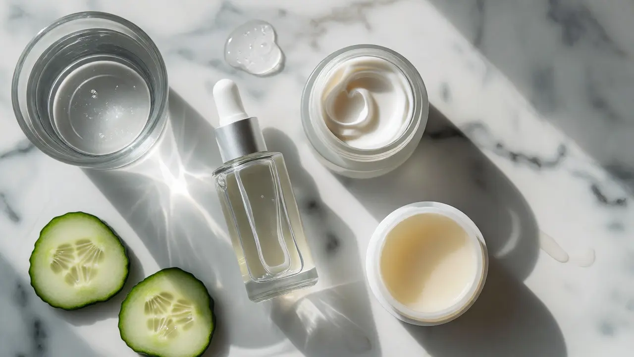 Ploché uspořádání hydratačních produktů a vody na mramoru