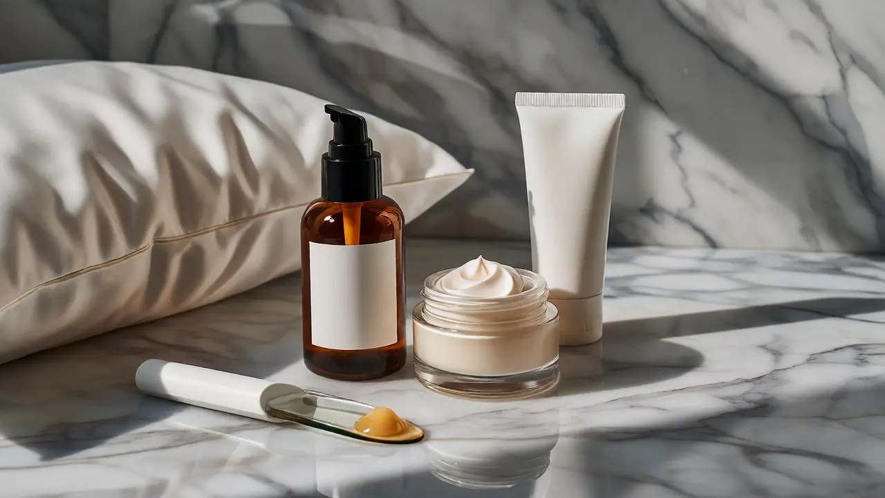 Skincare produkty: sérum v tmavé lahvičce, krém a opalovací krém na mramoru.