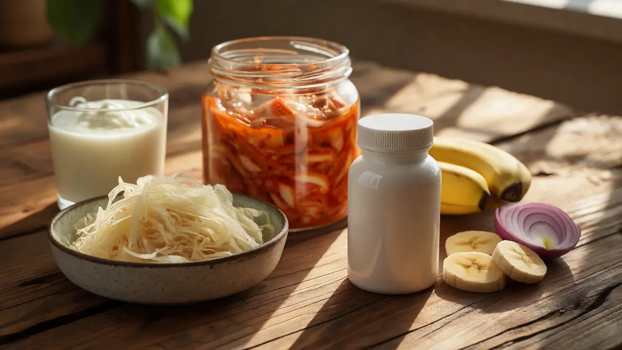 Stolní scéna s fermentovanými potravinami jako kimchi a kefír vedle doplňku probiotik.